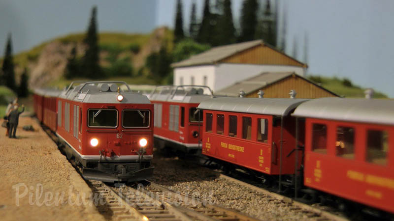 Model trains in action at the famous Gletsch railway station in Switzerland