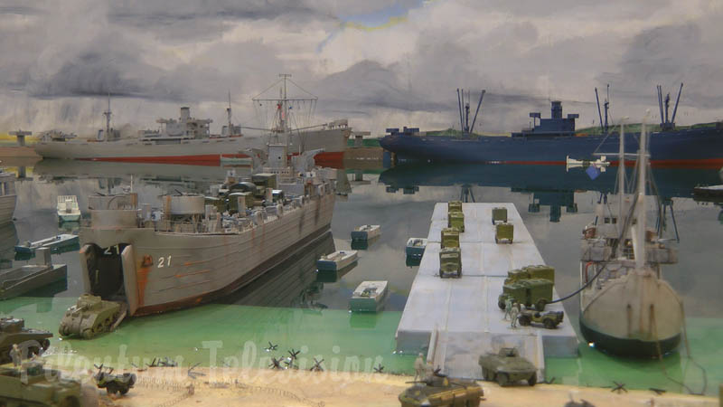 U.S. Navy model ship and model boat diorama of Omaha Beach