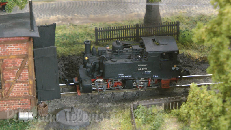 Maqueta de ferromodelismo en escala TT con locomotoras a vapor construidas a mano