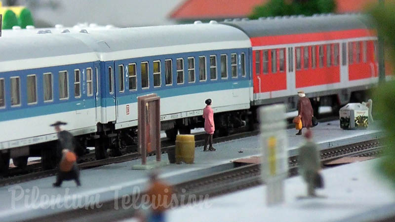 Model railroad layout by Marklin with German locomotives and trains in HO Scale