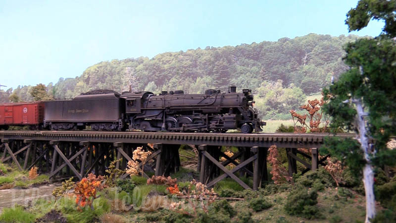 Model Trains in action on Tony Koester ’s amazing Nickel Plate Road model railway layout in HO Scale