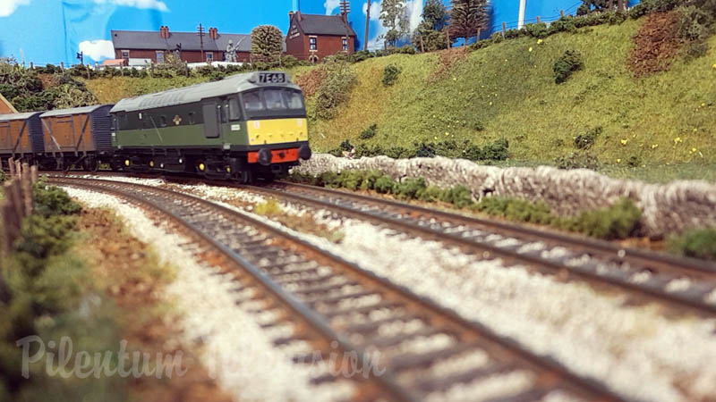British Model Railway Layout Drum Hill with Hornby Steam Locos and Dapol Diesel Engines in OO Gauge