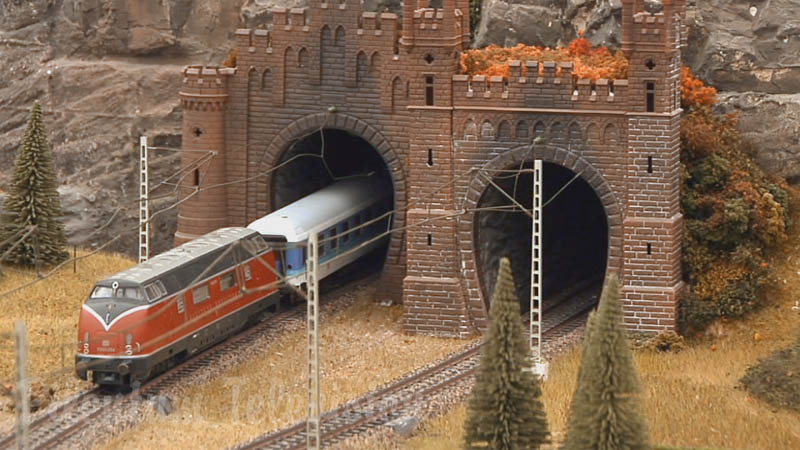 Model trains in action on HO scale layout modules